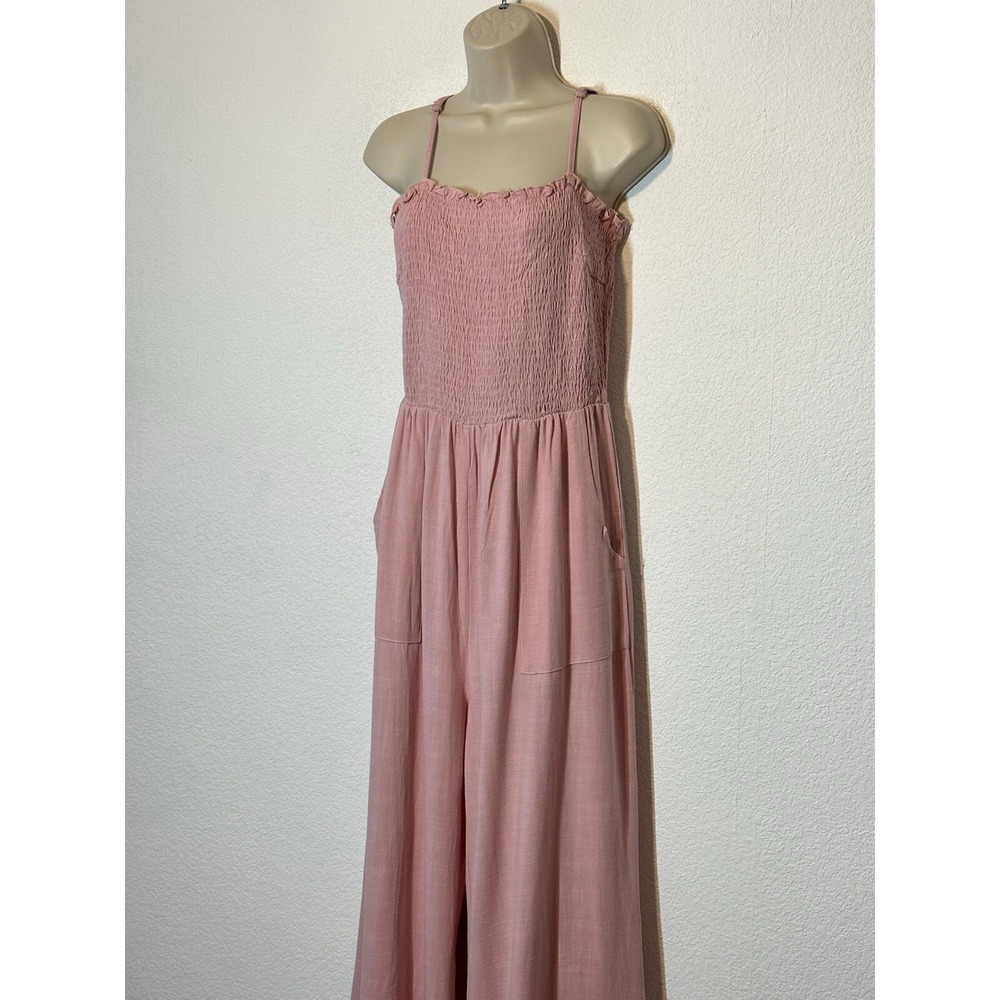 Pretty Garden Linen Blend Jumpsuit‎ Wide Leg Large Pink Smocked Pockets Coquette